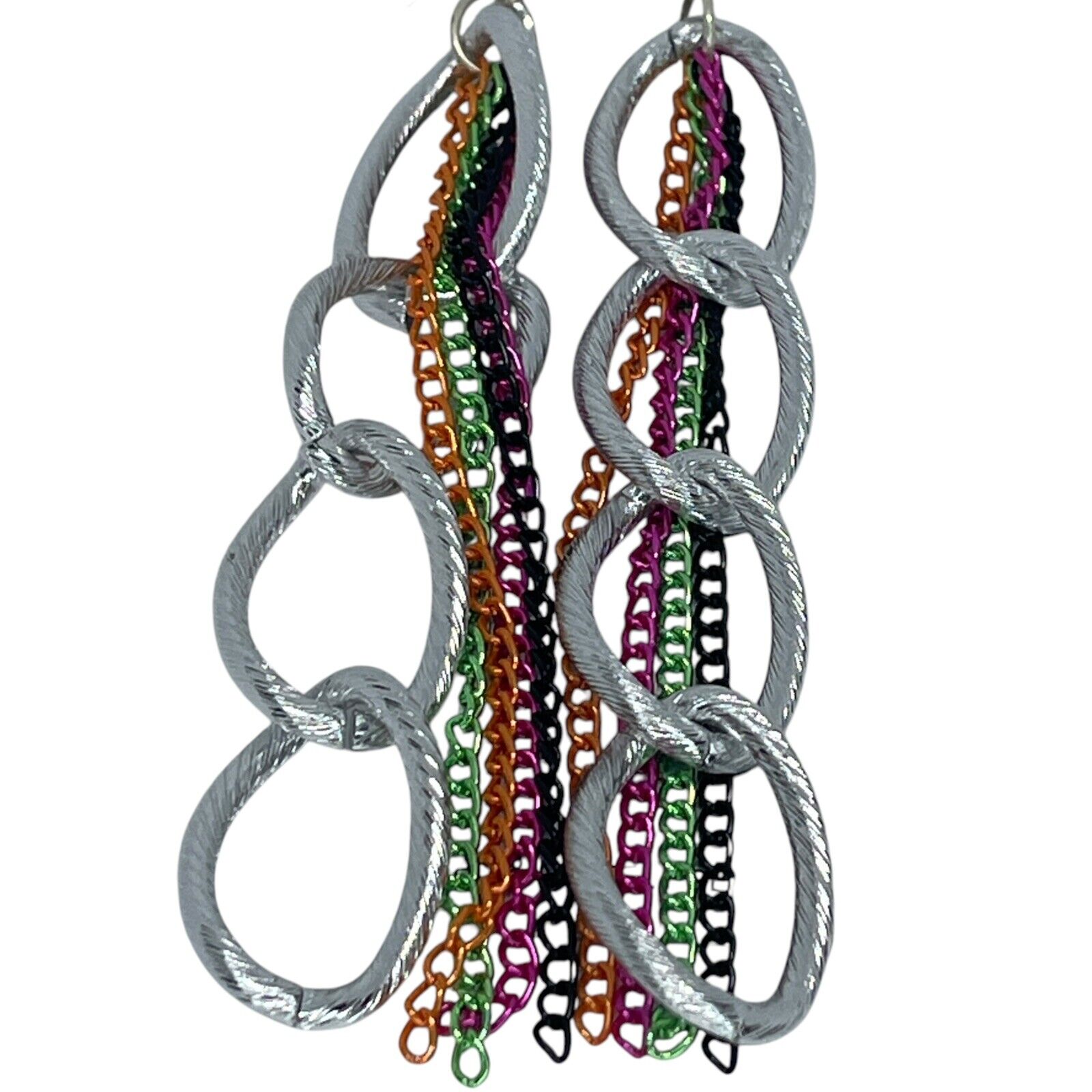 Silver Tone Earrings Chain Drop Style Fashion Trendy Stunning Statement Chic